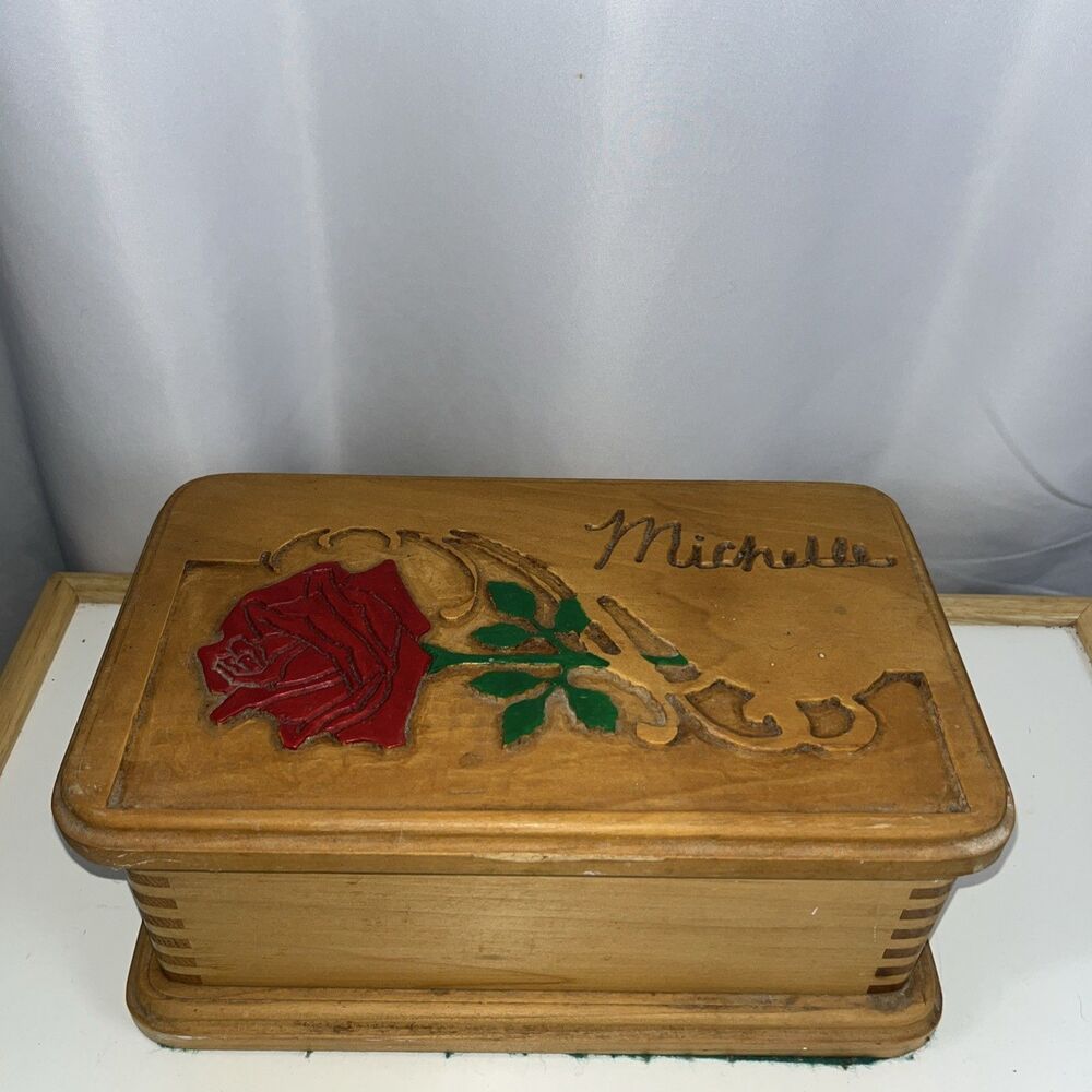 Vintage Handmade And Hand painted Wood Jewelry Box Red Rose Michelle